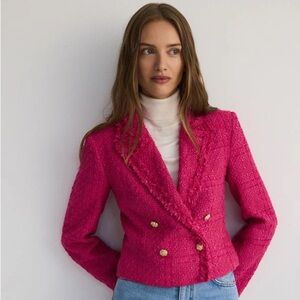 Zara Double Breasted Frayed Cropped Fuschia Blazer size M